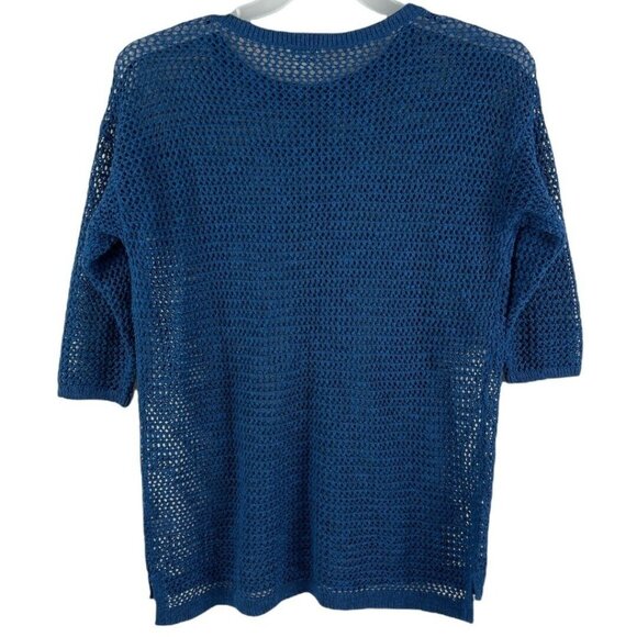 J Jill Blue Linen Cotton Mesh Top Oversized Women’s XS coastal beach cover up - Picture 2 of 11